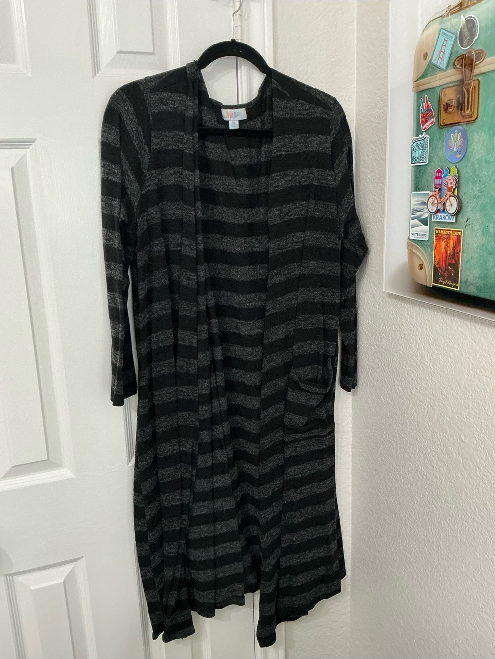 LuLaRoe Long Open-Front Striped Cardigan sweater in Black and Charcoal Sarah
